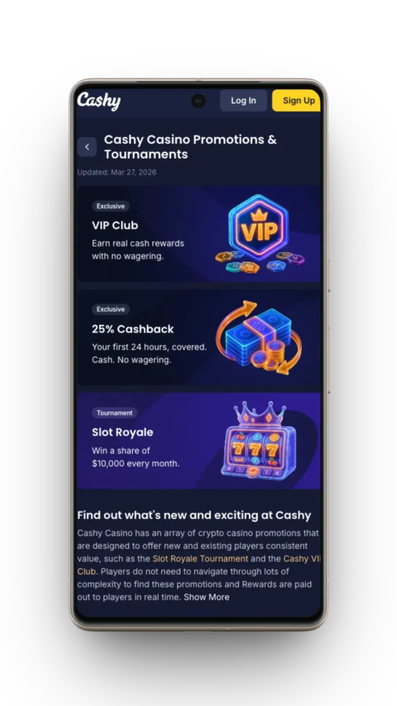 On the Cashy casino app you can access different promotions and bonuses.