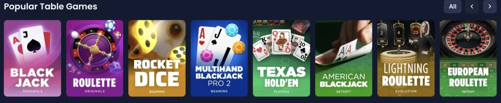 Play table games on the Cashy crypto casino.